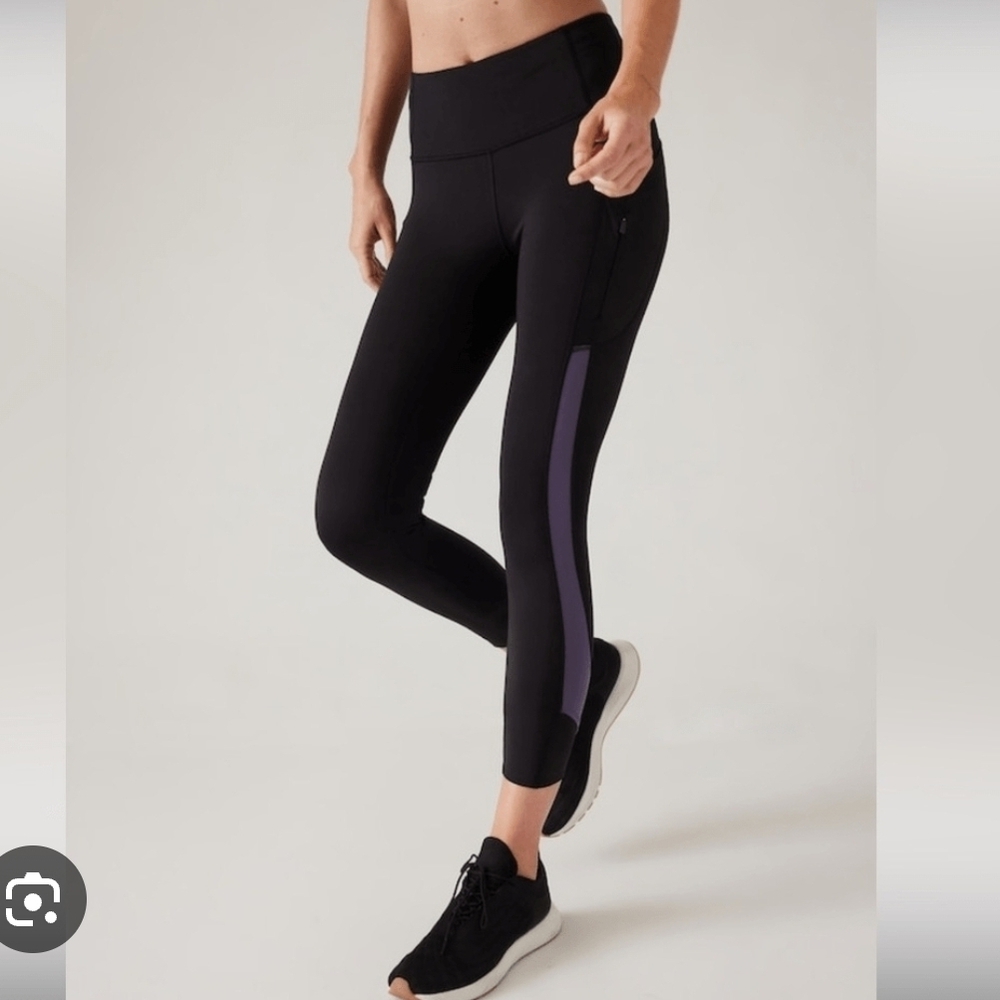 (L) Athleta Black Leggings with Purple Stripe